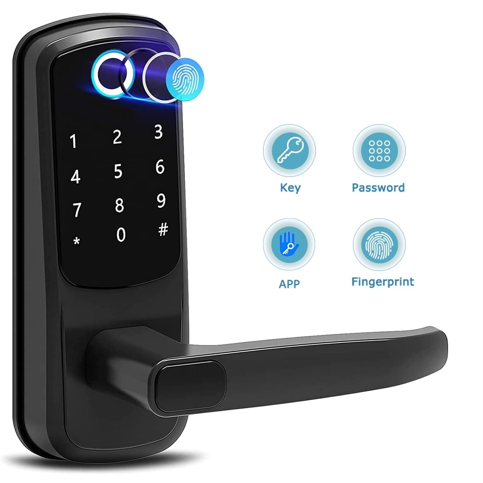 Serratura Smart, Smart Lock 5 in 1 Serratura for porta con maniglia Tecnologia biometrica Funzione di memoria di archiviazione Controllo APP,per camere da letto, uffici e hotel(Noir)