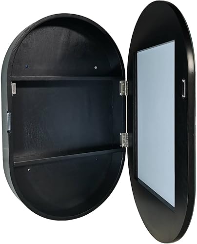 Miniatura 5 de Gabinete de espejo ovalado montado en la pared, armario de baño de madera, espejo de tocador de baño con estante de almacenamiento (color negro,