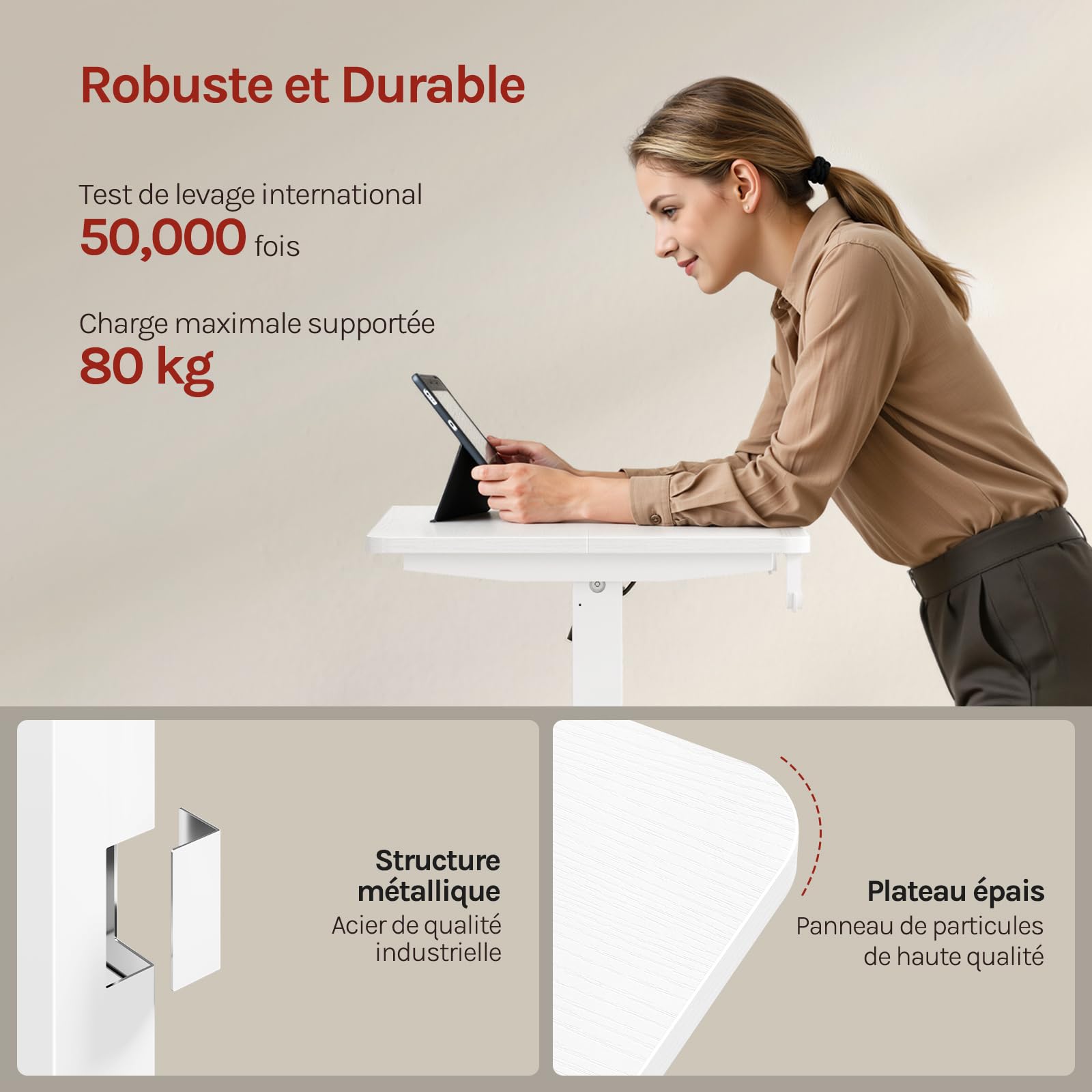 WOLTU Bureau Assis Debout, Bureau Réglable en Hauteur Électrique, 72-118 cm, avec 3 Hauteurs de Mémoire, Réglage en Continu, 2 Crochets, pour Travail à Domicile et Ordinateur, 80x48 cm, Blanc