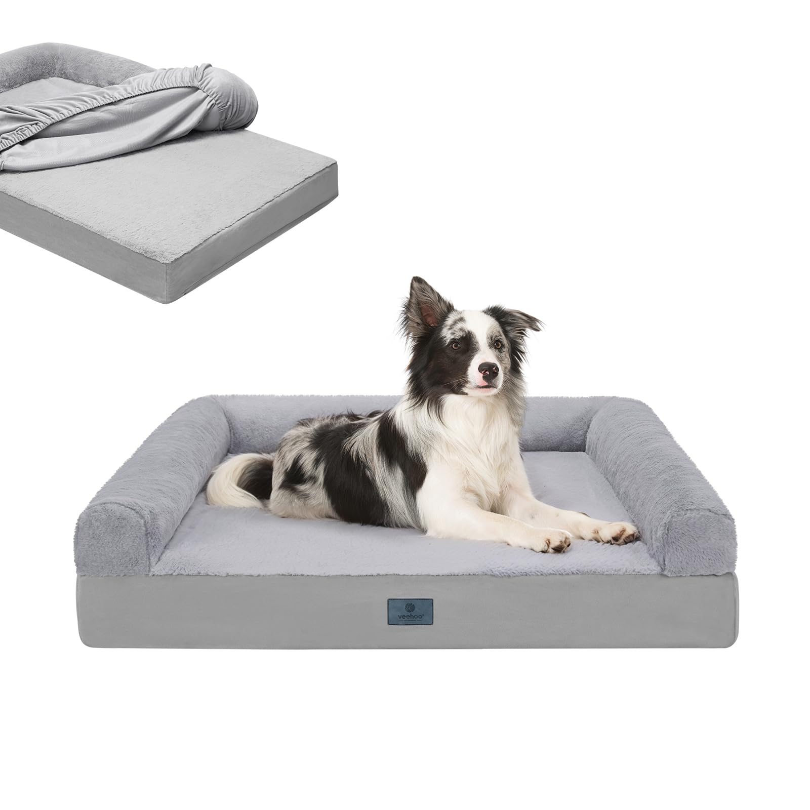 veehoo washable large dog bed for large sized dogs-2 in 1 large dog couch bed with removable bolster fitted sheet cover, big orthopedic dog sofa bed pet bed with non-slip bottom&egg crate foam 35"x26"