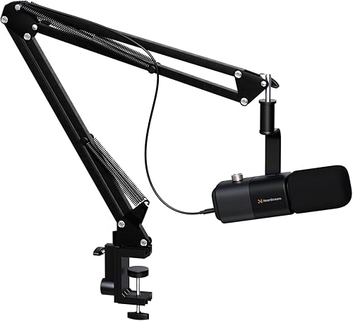 NearStream Micrófono dinámico XLRUSB con brazo de brazo, micrófono de podcast con cancelación de ruido encendidoapagado, monitor de sonido, perilla
