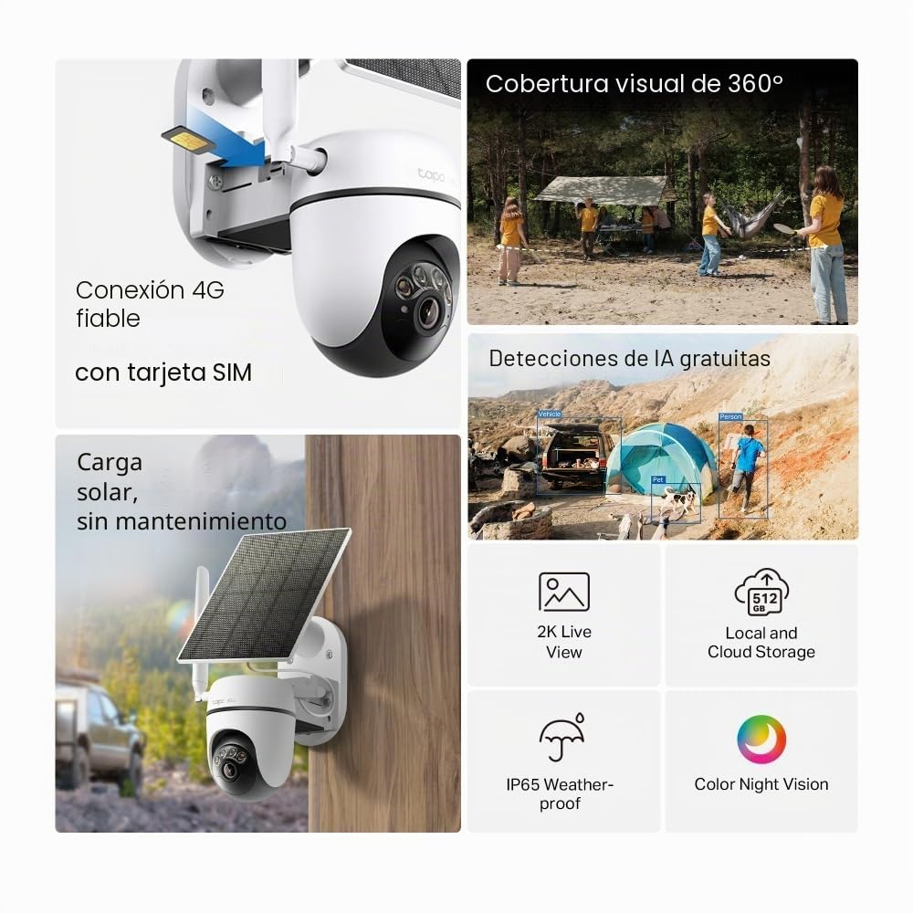Tapo C615G KIT 2K 3MP Cámara de seguridad solar para exteriores inalámbrica, cámara de seguridad 4G con ranura SIM, cámara de visión nocturna a color al aire libre, detección de IA CCTV, IP65, sin hub