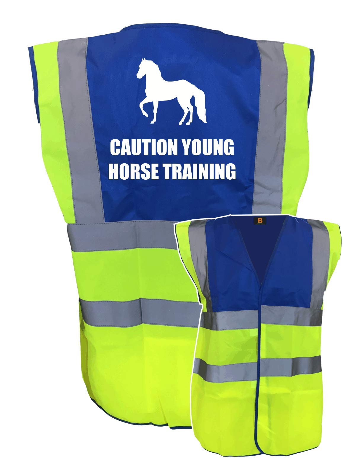 Equestrian Caution Young Horse Training Hi Viz Vis Vest Horse Riding Reflective Waistcoat Jacket Road Safety Visibility Yellow/Blue X-Large