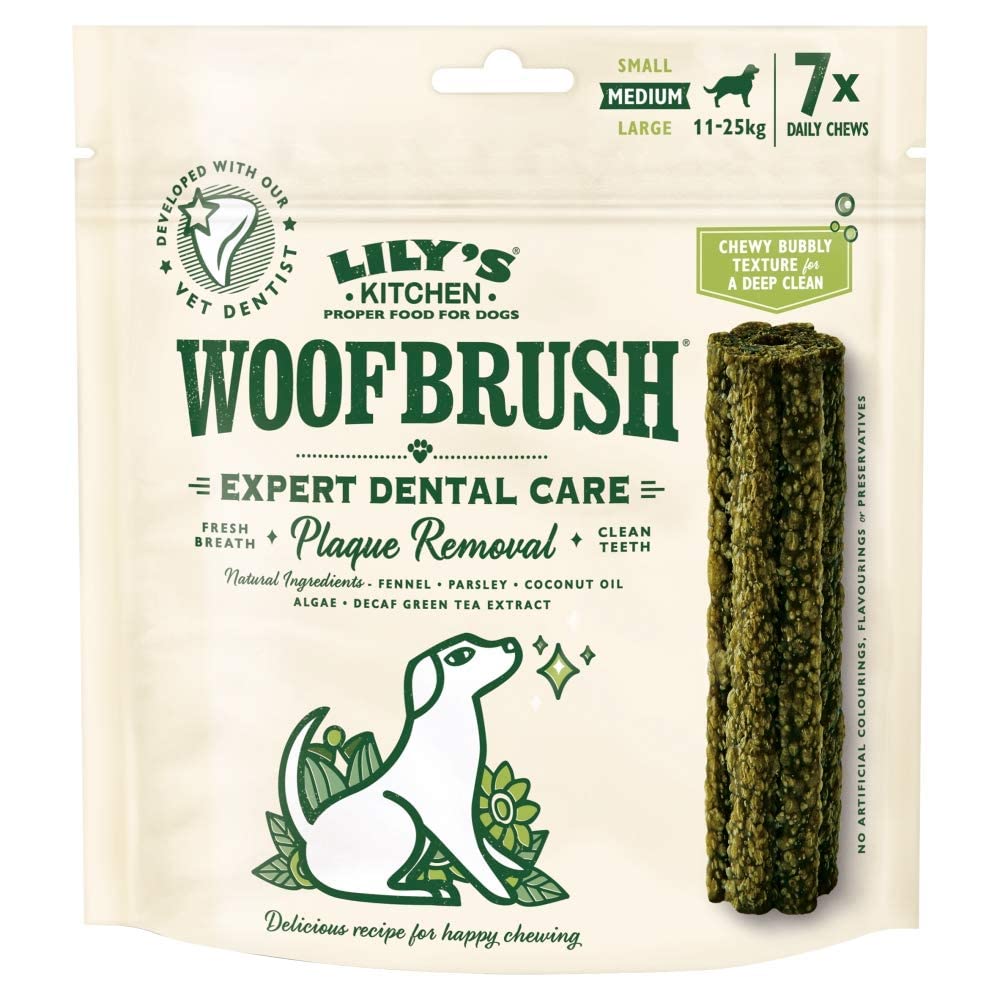 Lily's Kitchen Woofbrush Golosinas naturales para perros adultos: Palitos dentales masticables - Perro mediano (1 paquete de 7 masticables- 28g)