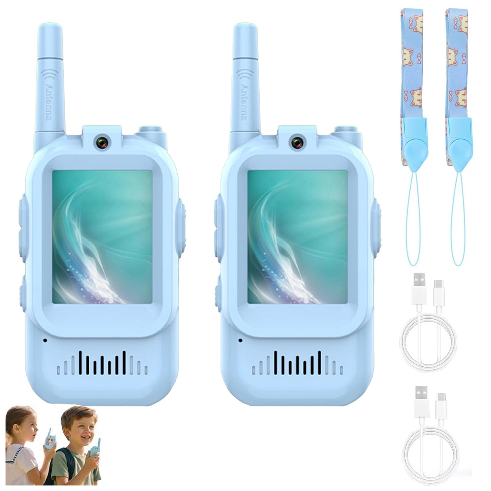 Talkies-Walkies VidéO pour Enfants,Lot De 2 Pack Portables Rechargeables avec CaméRa HD Et Changeur Voix,Jeux D'IntéRieur D'ExtéRieur Toute La Famille,IdéAl Le Camping RandonnéE(Blue+Blue)