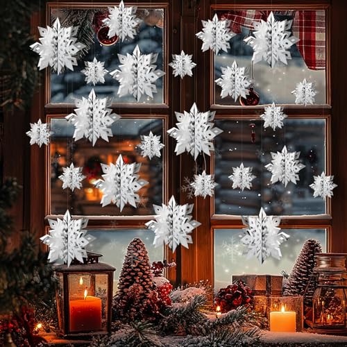 Image of OuMuaMua Christmas Snowflake Decorations Indoor, 24PCS 3D Silver Hanging Snowflakes Garland for Winter Wonderland Decor Xmas Christmas Party Baby Shower Holiday Home Decorations