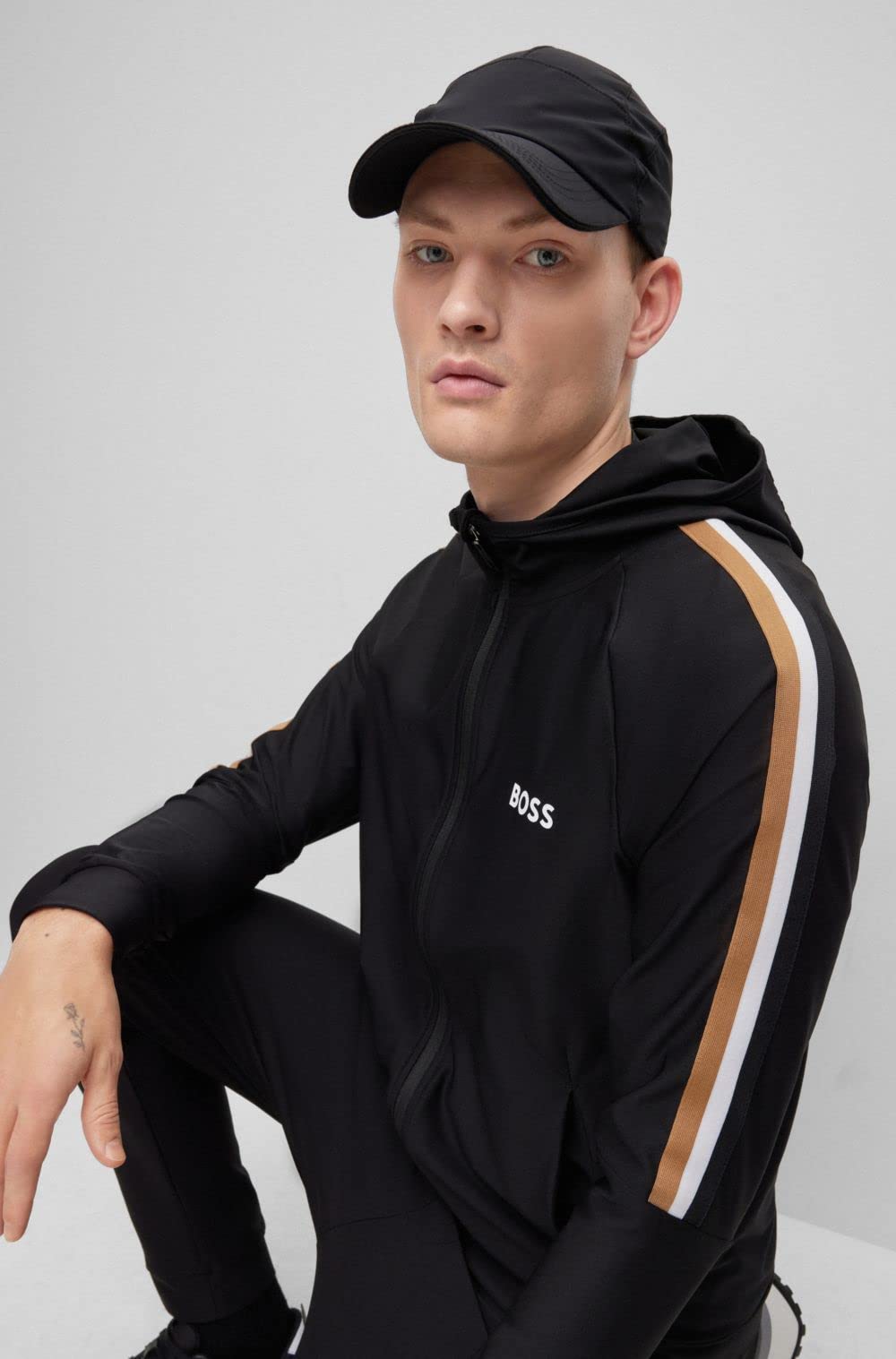BOSS Herren Sicon MB 1 x Matteo Berrettini Kapuzen-Sweatjacke aus Active-Stretch-Jersey mit Reißverschluss und Logo Schwarz XXL