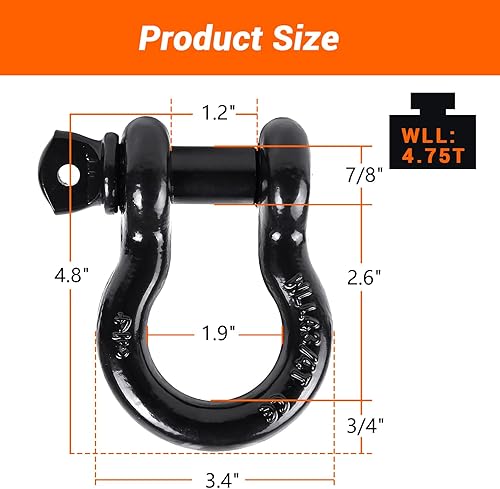 Miniatura 6 de Ohuhu - 2 Grilletes de acero de 34 pulgadas Anillos para remolque con forma de D Gruesos y resistentes Con capacidad de hasta 475 toneladas 9500