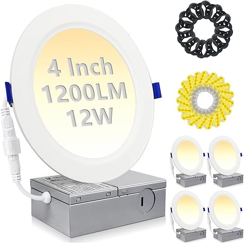 HiBay Paquete de 4 luces LED empotrables de techo de 4 pulgadas, 1200 lm, 12 W  150 W, 5CCT 5000 K4000 K3500 K3000 K2700 K seleccionables,