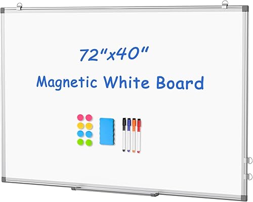 WALGLASS Pizarra blanca grande de borrado en seco para pared, 72 x 40 pulgadas, pizarra blanca magnética de doble cara con marco de aluminio, para