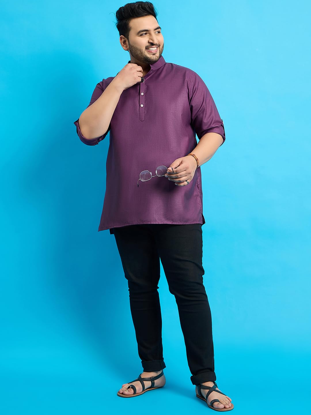 Bigbanana Plus Size Men's Regular Fit Solid Short Kurta (Pollan-Purple,Purple,5Xl)