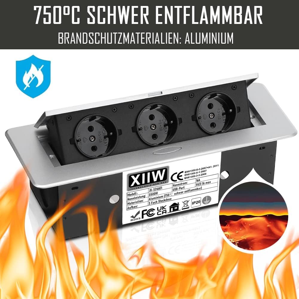 Aluminiowe wpuszczane gniazdo wtykowe do zabudowy, 3500 W/16 A/230 V, 3-krotne gniazdko na blat, wpuszczane gniazdko stołowe, listwa zasilająca z kablem o długości 1,8 m, niepalne, do 750°C
