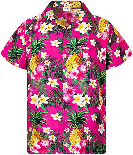 King Kameha Camisa hawaiana de manga corta para hombre, con bolsillo frontal, estampado hawaiano de piña y flores, Pineapple Flowers Pink, L Cover