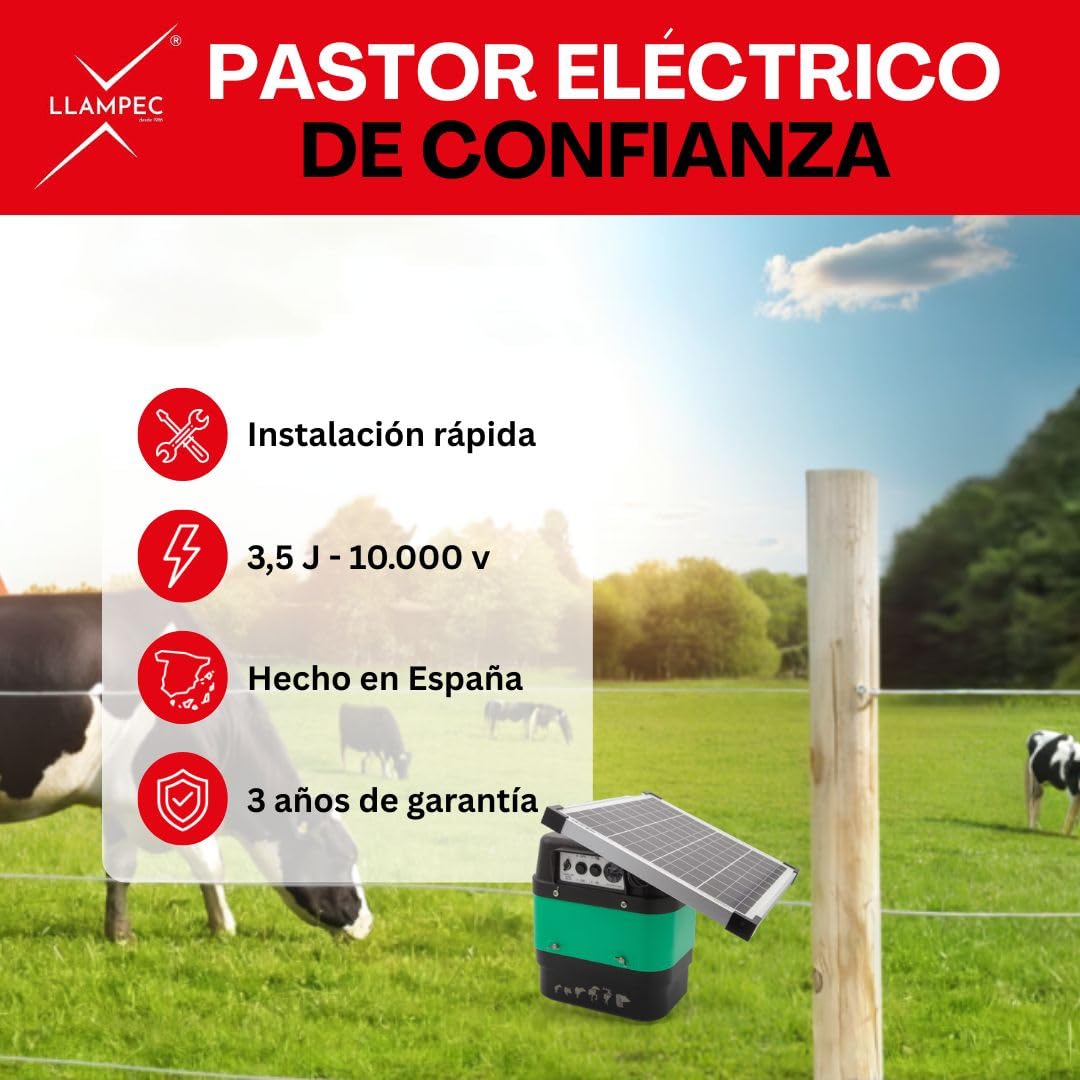 Pastor eléctrico solar Llampec Mod.30S con panel 12V 10W incluido – 3,5 J, 10.000 V y 35 km de alcance – Ideal para mascotas, ganado equino, vacuno, porcino y animales salvajes – Fabricado en España