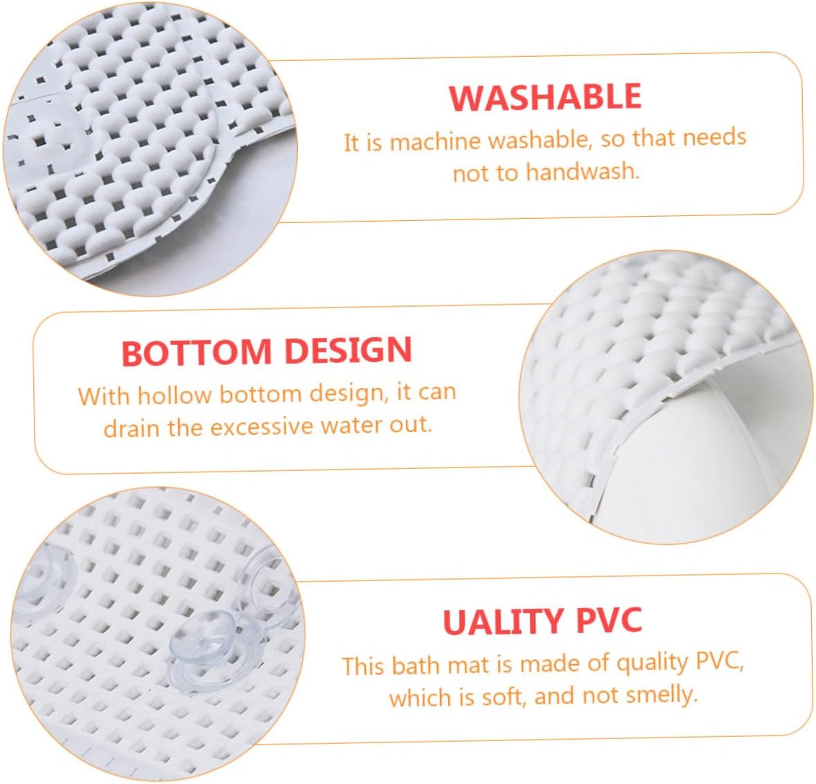 NOLITOY 1Pc Non Slip PVC Bathroom Mat with Suction Cups Hollow Design for Bathtub Shower Comfortable Durable White Color Easy to Clean Machine Washable