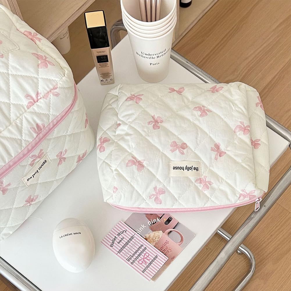 Borsa per Il Trucco, Borsa per Il Trucco da Donna con Cerniera, Organizer per Cosmetici, Borsetta in Tessuto con Grazioso Fiocco e Fiore, Astuccio da Toilette Portatile per Ragazze