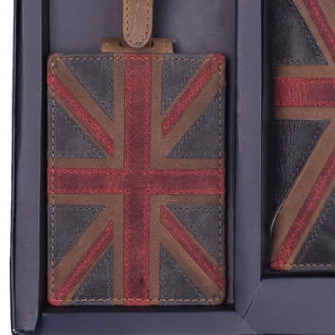 Mala Leather Union Jack pokrowiec na paszport i etykieta bagażowa zestaw upominkowy 100% prawdziwa skóra z pudełkiem prezentowym - brązowy - 20 × 21,5 cm