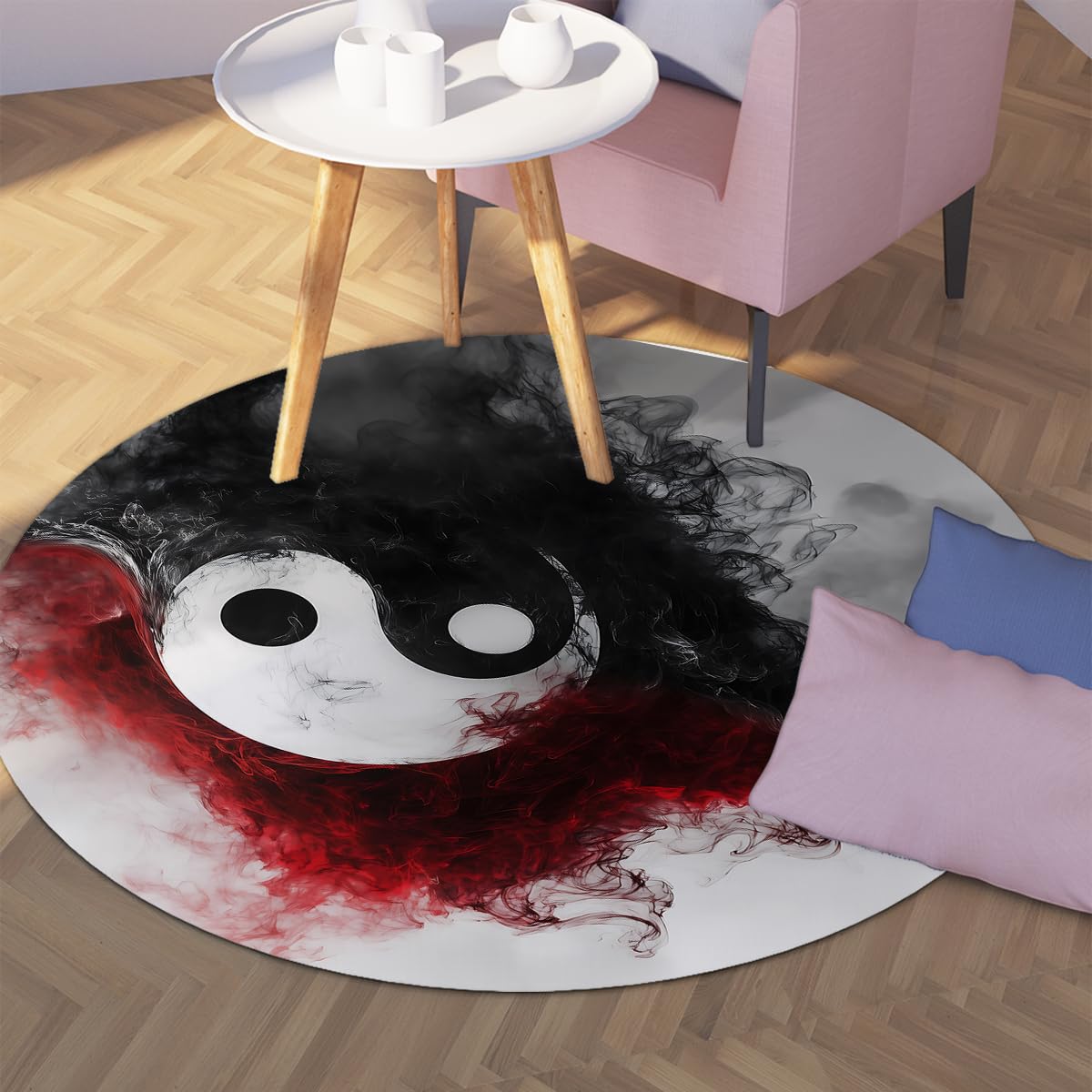 Antypoślizgowy 120 cm Okrągły Dywan Salon Mistyczne Symbole Yin Yang Dywany Miękkie Koło Fantasy Abstrakcyjny Wzór Tai Chi Niskie Włosy Dywan Czarny Czerwony Zmywalny Sypialnia Pokój Dziecięcy