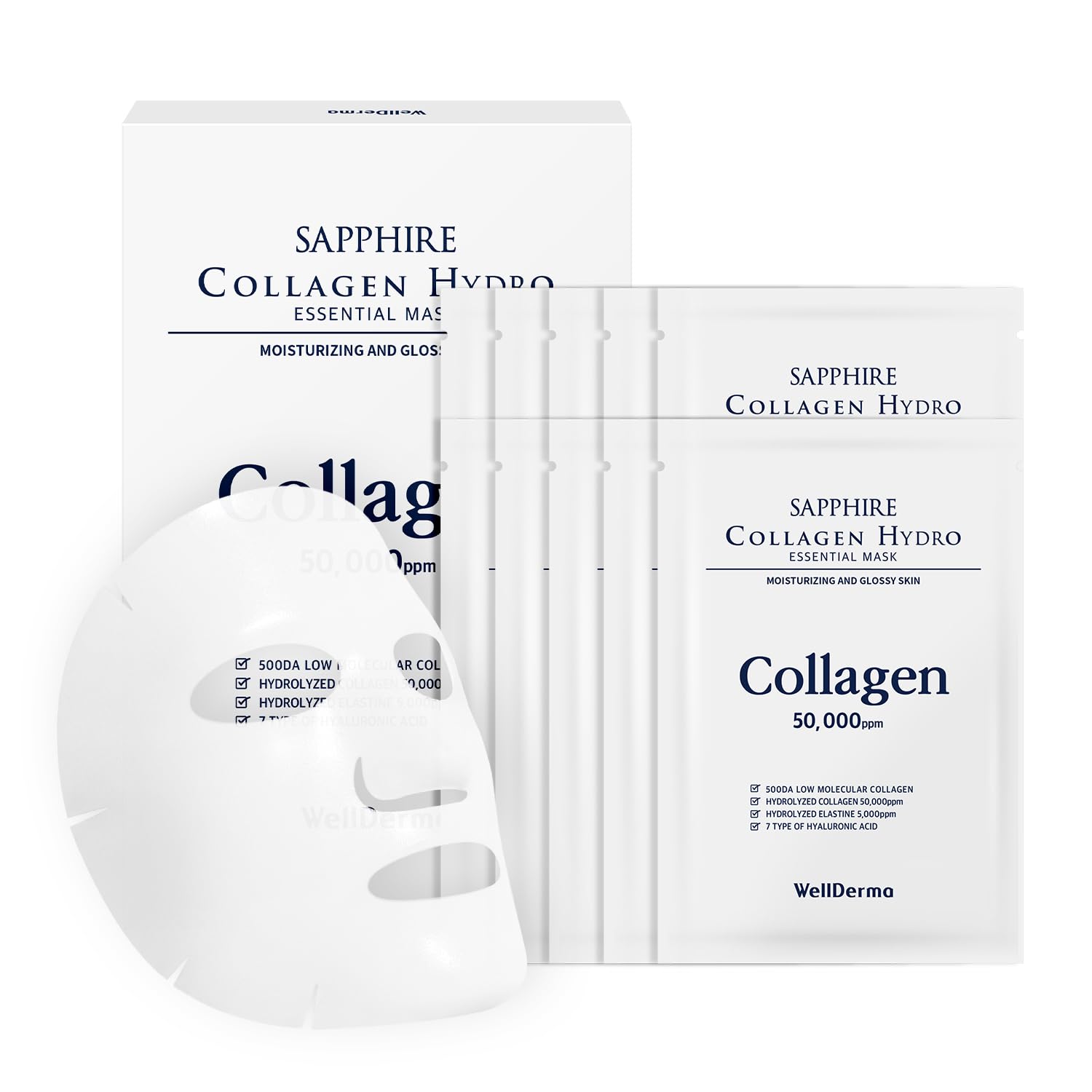 WELLDERMA Sapphire Collagen Hydro Essential Mask, 30ml × 10 Sheets – Hydrating Sheet Mask with Hydrolyzed Collagen 50,000ppm, Revitalizing & Soothing Care