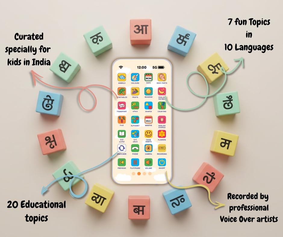 Image of Multi Language EduPhone | Educational, Screen - Free Toy |Type-C Rechargeable | 10 Indian Languages | 28 Functions | Flash Function | 20 Educational topics for Age 2 Year to 10 Years