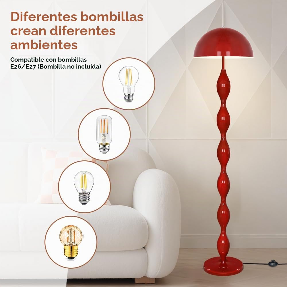 Lampara De Pie Estilo Retro, Lampara De Pie Salon,Luz Lectura Con Diseño De Seta,Color Rojo,Interruptor De Pie, Altura 160 Cm, Para Sala Dormitorio Oficina Estudio Habitación infantil