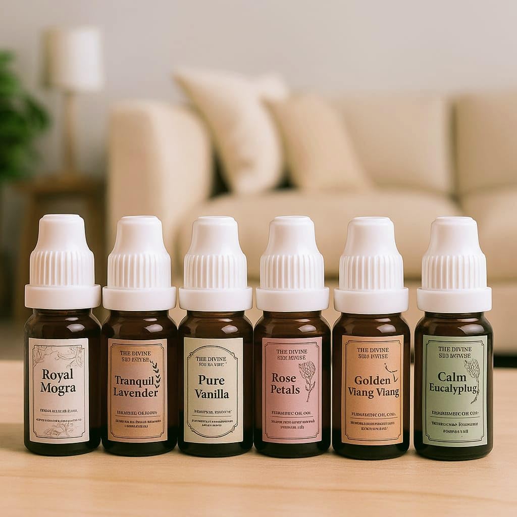 premium fragrance oil set of 6 – aromatherapy scented oils for diffusers, candle making & home fragrance | eucalyptus, rose, vanilla, mogra, ylang ylang & lavender