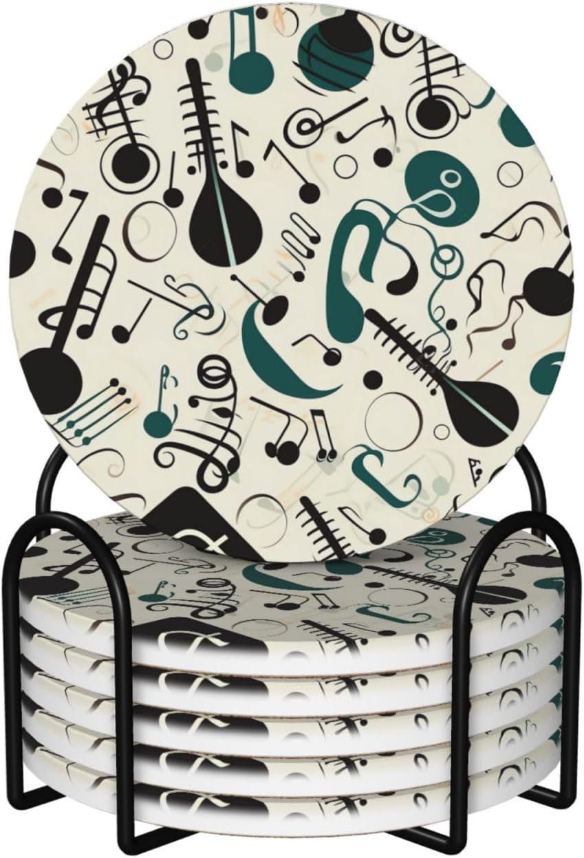 KHiry ドリンクコースター6枚セット セラミックコースター ホルダー付き 音楽テーマ ドリンク用ラウンドコースター 卓上保護 カ