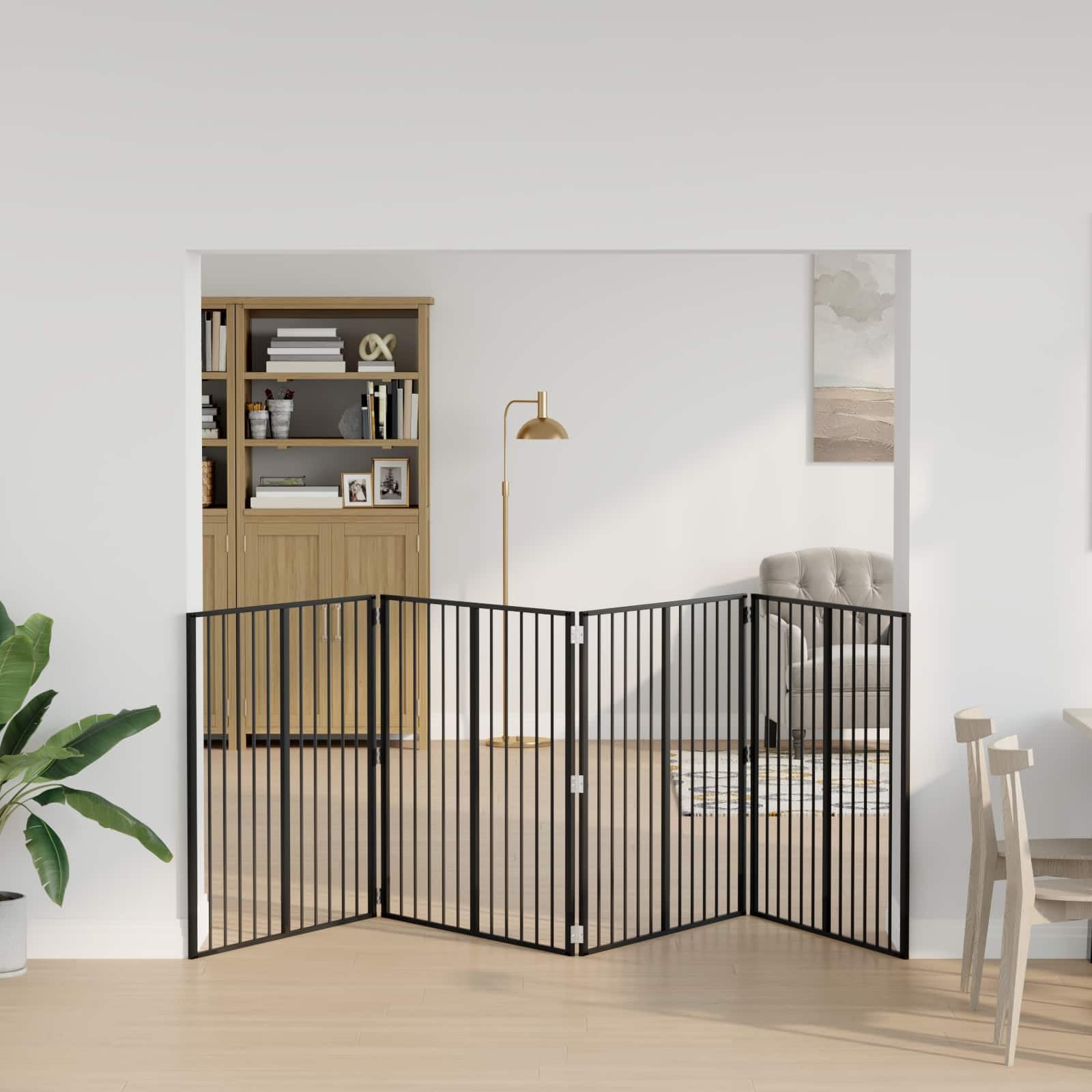 Puerta para perros de 4 piezas, acero galvanizado negro, 100 x 100 cm, plegable, para interior, para cachorros, seguridad y protección en el salón, versátil
