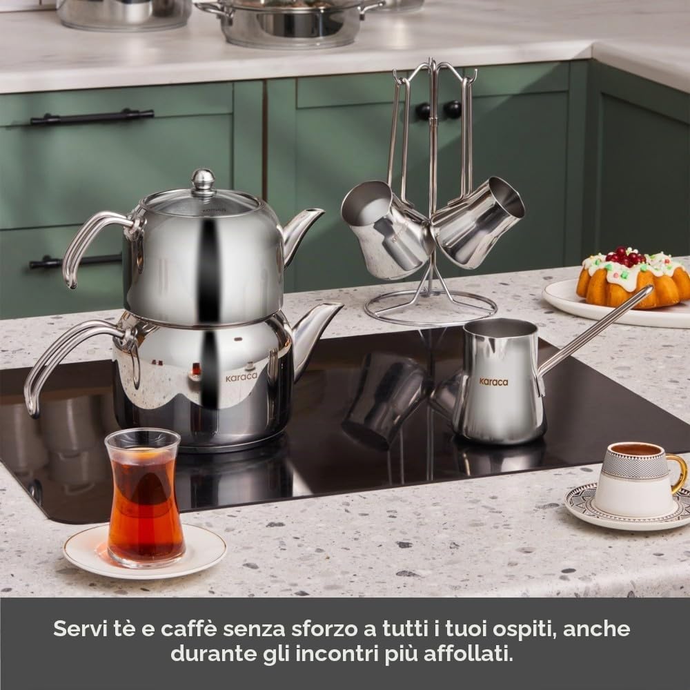 Karaca Belgrado - Set di 15 padelle per matrimonio, in acciaio inox, teiera, set di pentole