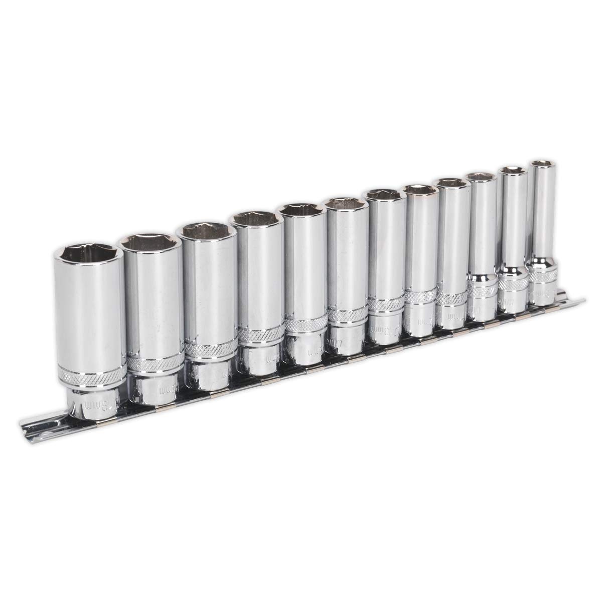 Sealey AK2744 Deep Sockets with Lock-On™ technology 3/8" Dr 8mm - 19mm on Rail