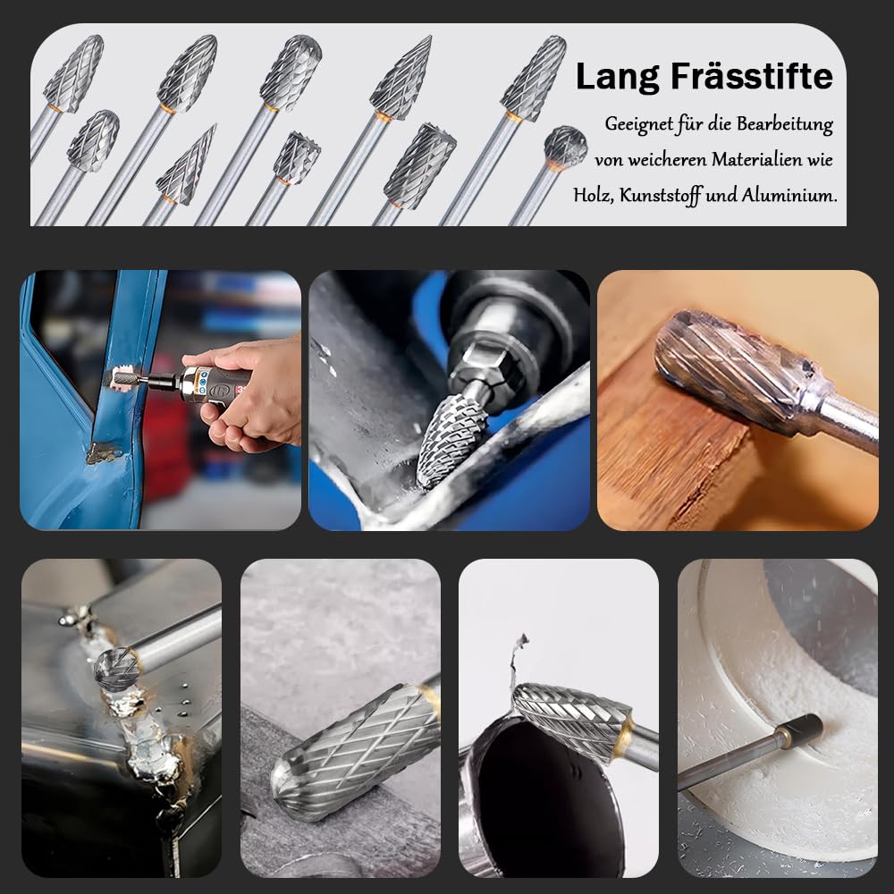 Treki 10 Stück 100mm Lang Hartmetall Frässtifte mit 3mm Schaft Wolframcarbid Fräser Fräsaufsatz für Akkuschrauber, Lang Hartmetallfräser Metallfräser Holzschnitzerei Bohrer Set für Holzarbeitung