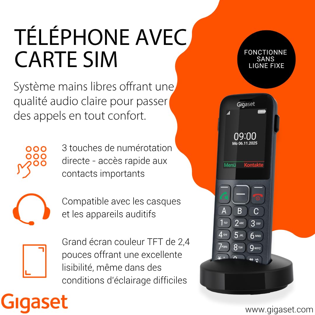 Gigaset Comfort 600 SIM Téléphone 4G Volte HD écran Couleur 2,4 Pouces Bluetooth 5.0 Compatible appareils auditifs Grande mémoire 500 Contacts Anthracite