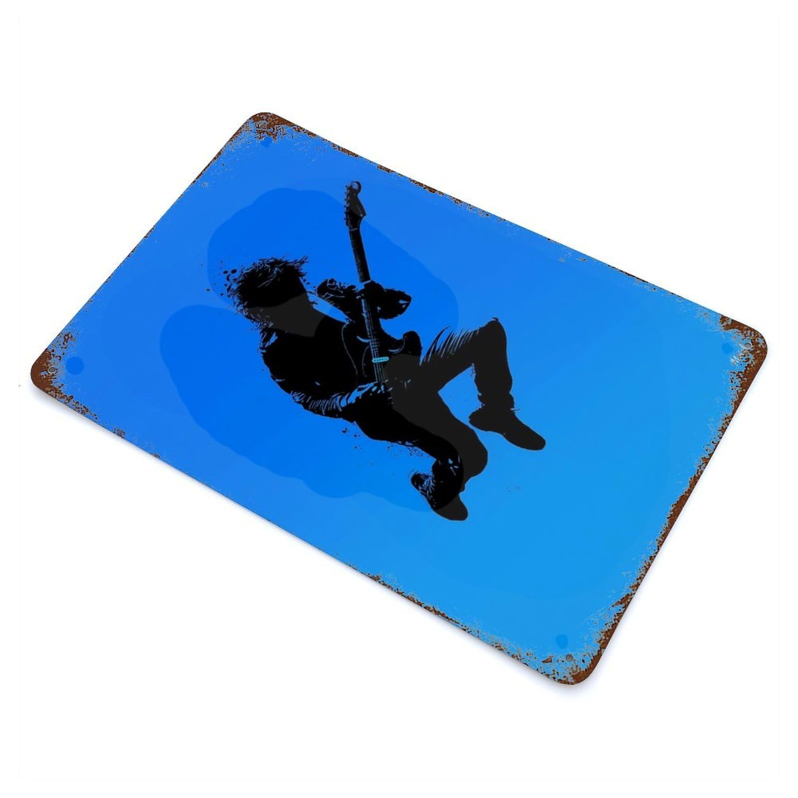 Retro Metal Sign with Rock Guitarist Silhouette – Electric Blue Jump Design 11.8"x7.9", for Bistro, Counter And Cafe Decor, Shabby Chic Decor