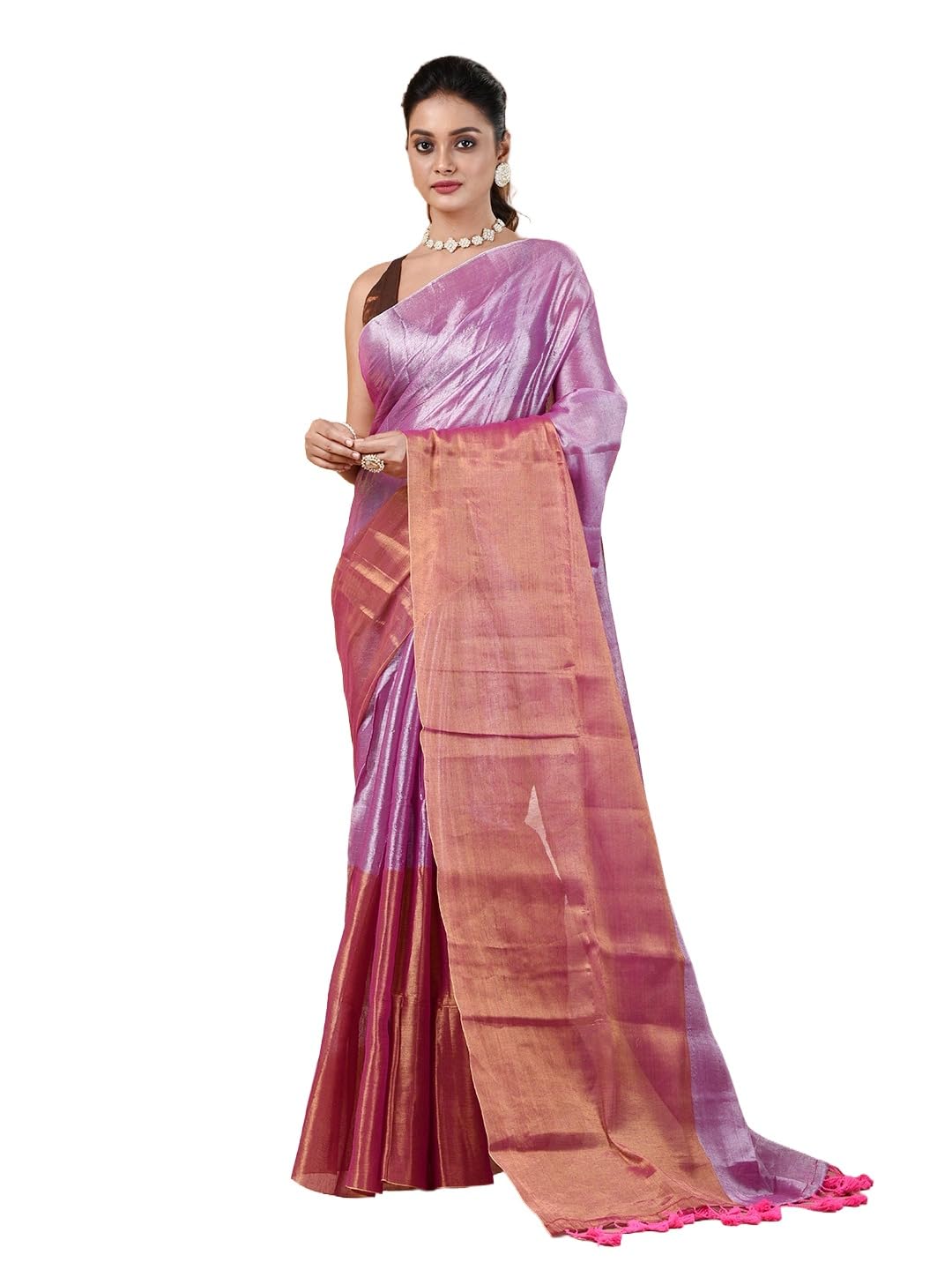 charukriti Pink Tissue Soft Saree With Pompom-picture-10