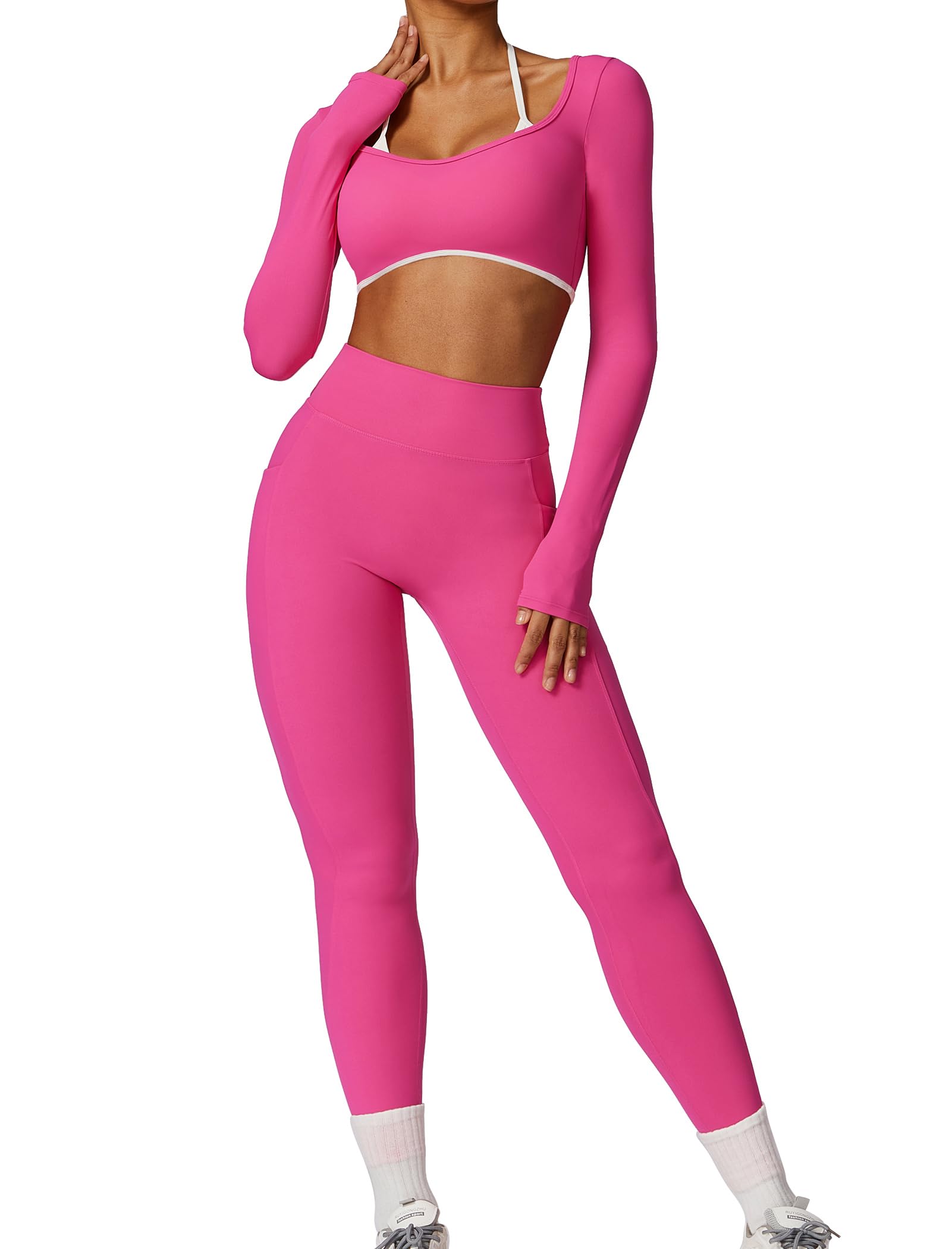 Workout Sets for Women 2 Piece Outfits Seamless High Waist Leggings Yoga Long Sleeve Crop Tops Athletic Gym Sets