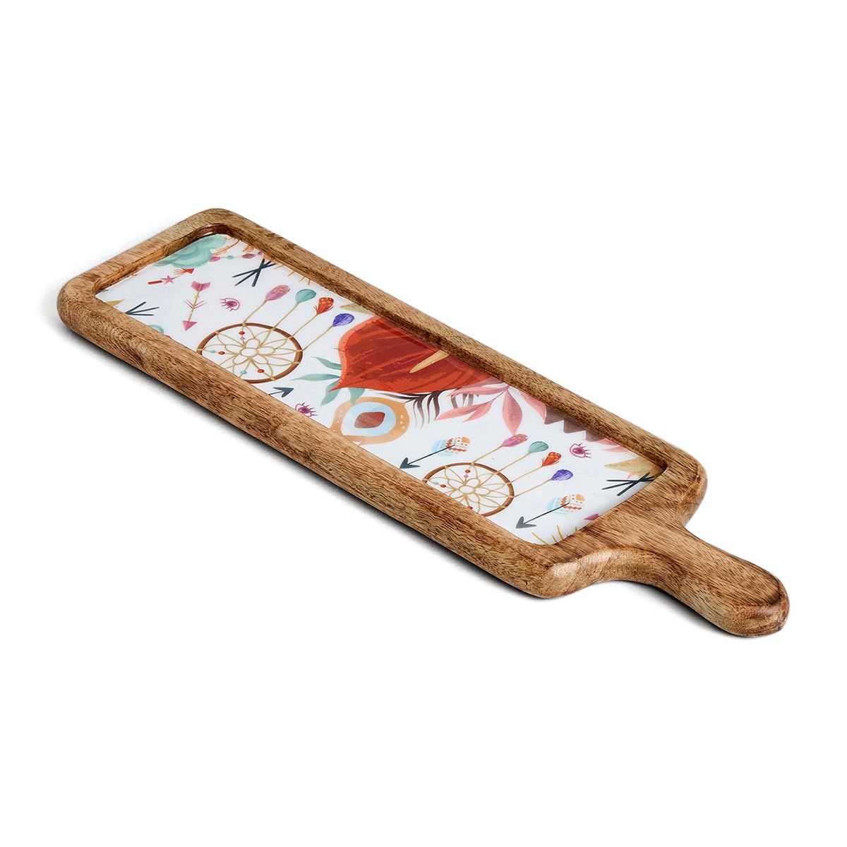 Saaga Rectangular Printed Serving Tray with Handle - 17.75 X 4.75 Inch - Classic Mango Wood Serving Dessert and Snacks Platter - Burnt Sienna
