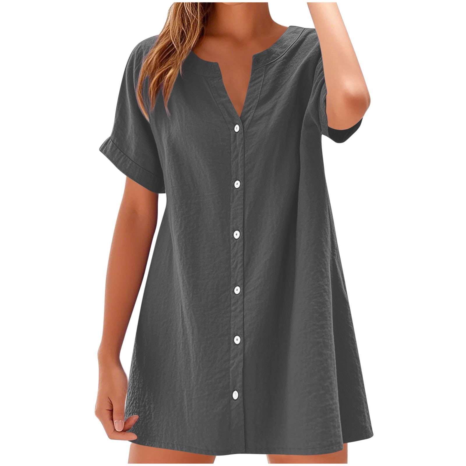 HGps8w Lightweight Cotton Linen Dress for Women 2025 Summer Button Down Casual Short Sleeve V Neck Tunic Mini Dresses