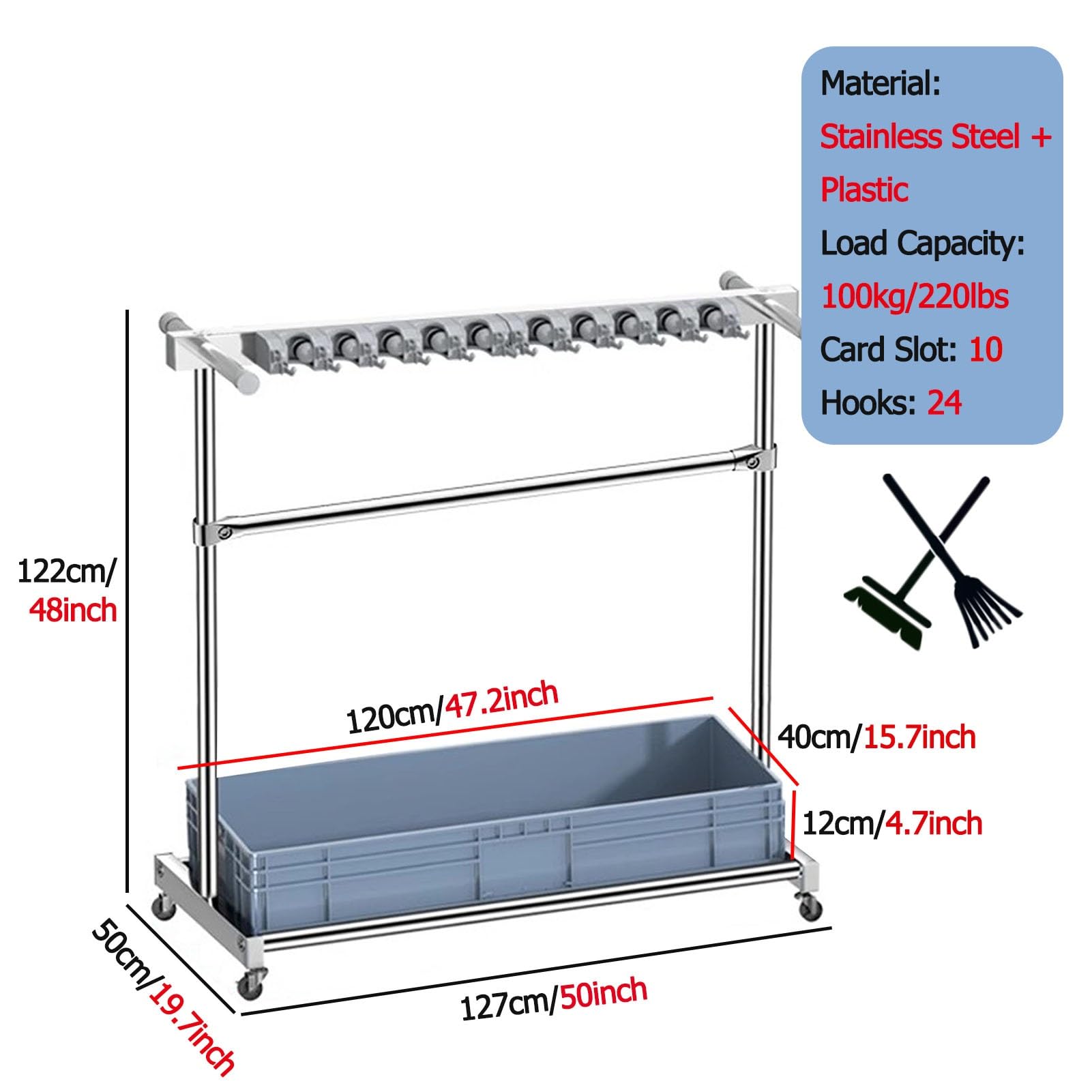 Commercial Movable Mop and Broom Holder Heavy Duty, Stainless Steel Large Cleaning Supplies Organizer Rack, Garden Kitchen Tool Storage System for Hospitals Property Companies ( Color : Blue , Size :