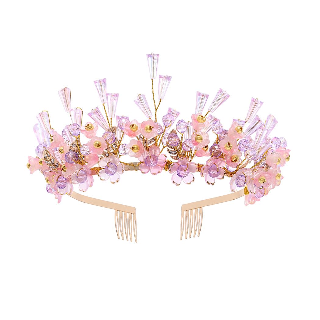 IYOU Rhinestone Wedding Headband Crown Purple Flower Hair Bands Tiaras Crystal Bridal Hair Accessories for Women