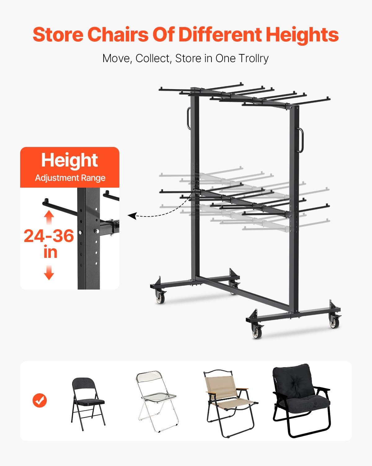 VEVOR Estante para Sillas Plegable Capacidad de 363 kg, Carrito Resistente para 84 Sillas/12 Mesas y 42 Sillas, Carrito de Almacenamiento de Sillas de 2 Capas con Ruedas de Goma y Soportes, Negro Mate