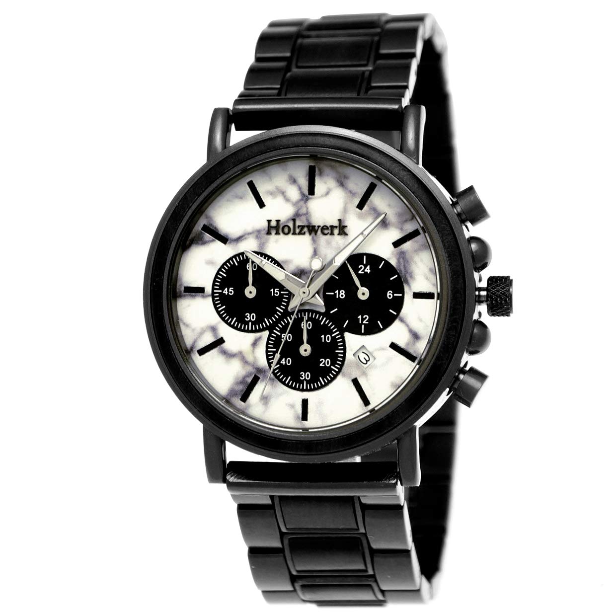Ręcznie wykonany drewniany mechanizm Germany® designerski zegarek męski eko naturalny drewno zegarek chronograf zegarek na rękę analogowy zegarek kwarcowy brązowy czarny biały marmur kamień data drewno tarcza