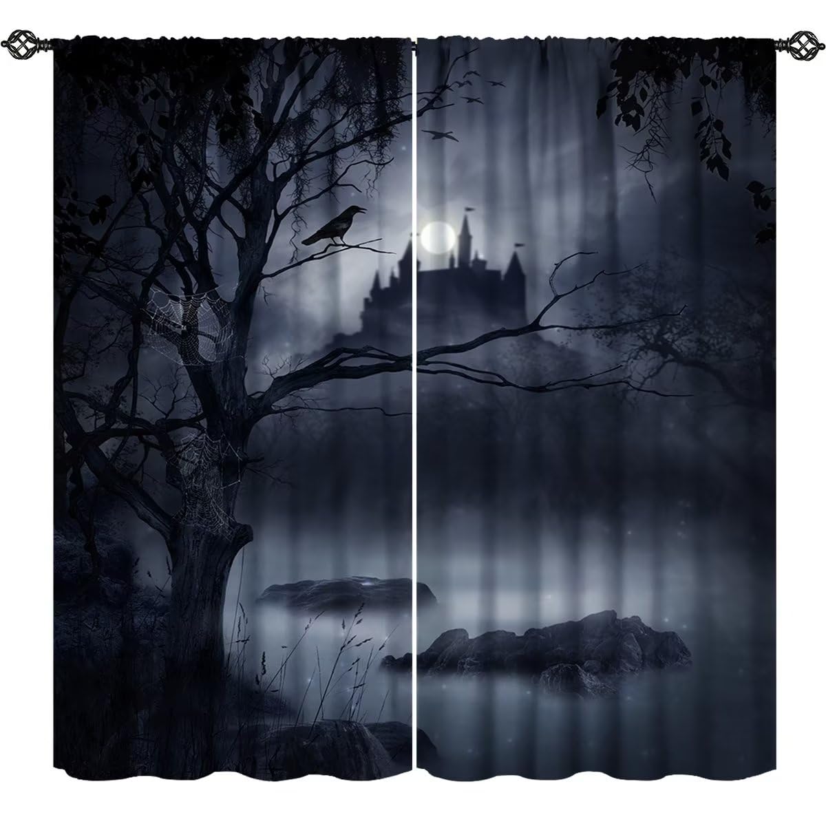 Gothic Crow Curtains, Halloween Misty Forest Castle Halloween Night Blackout Rod Pocket Window Drapes for Living Room Bedroom Kitchen Bathroom Decor W42xL45in