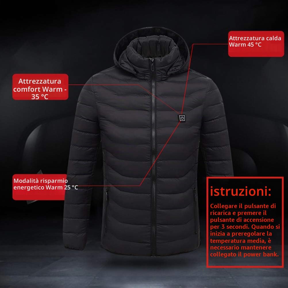 Giacca riscaldata per Uomo e Donna, Giacca con Cappuccio elettrica USB, 3 Livelli di Temperatura Scaldamuscoli riscaldato per Caccia all'aperto in Campeggio