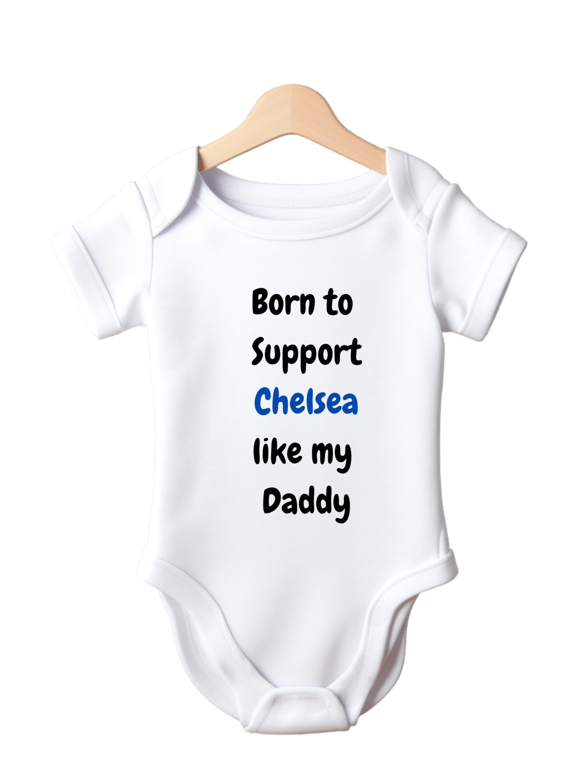 Baby Football Bodysuit, Born to Support Chelsea Like Daddy, White Cotton, Short Sleeve (3-6 months)