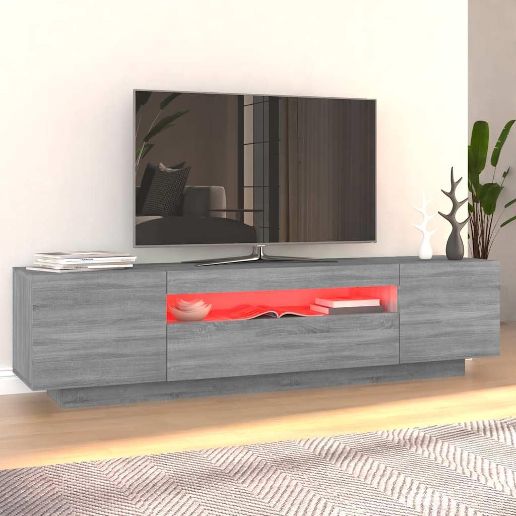 Szafka Pod Telewizor z Oświetleniem LED, Drewno Konstrukcyjne, Nowoczesna Szafka Pod Telewizor z 3 Drzwiami do Odtwarzaczy DVD i Konsoli do Gier itp, 160 X 35 X 40 cm (Szara sonoma)