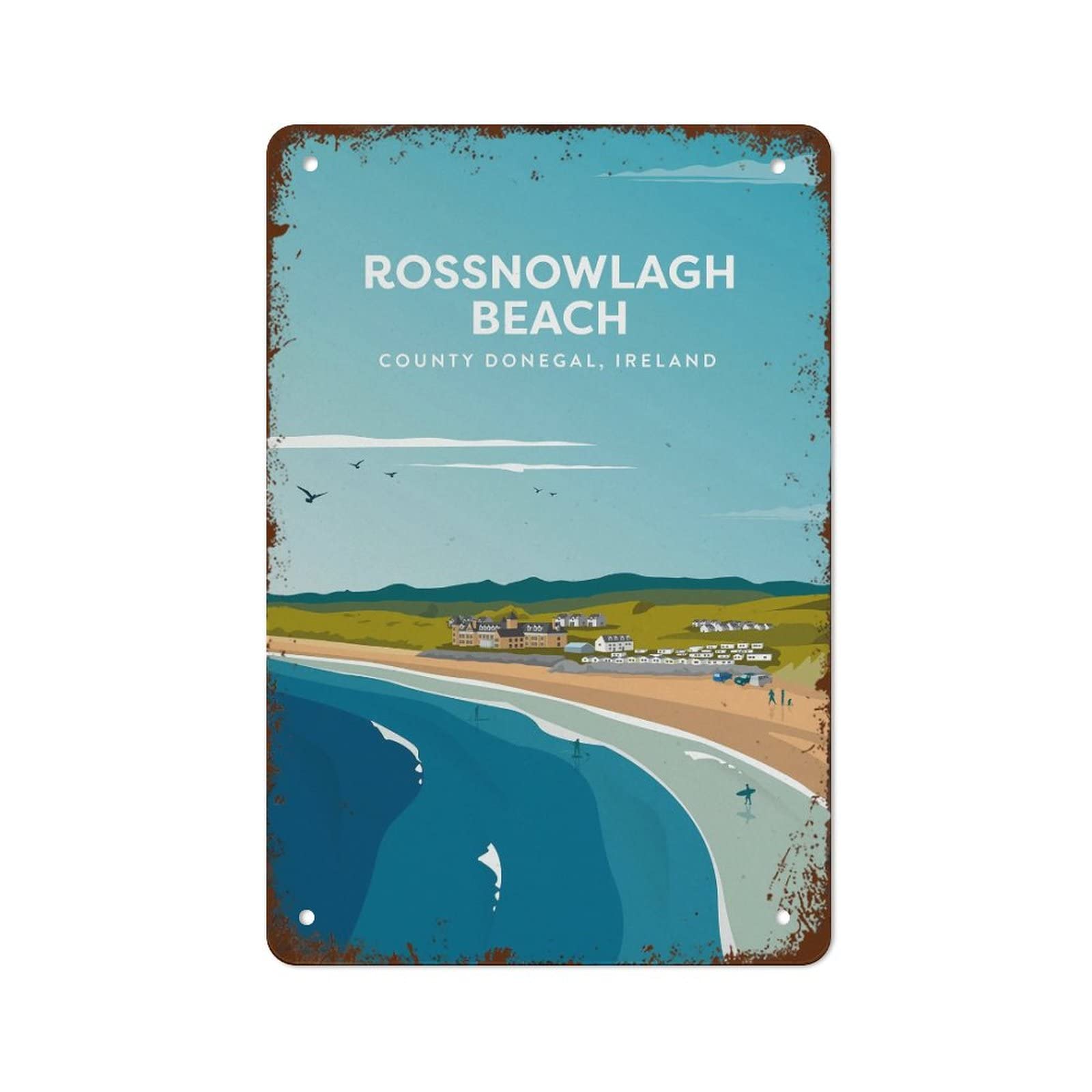 Rossnowlagh Beach County Donegal Ireland Illustration Travel Print (New Home Gift Wedding Anni Vintage Tin Sign Decor For Home Cafes Office Store Pubs Club 8x12inches