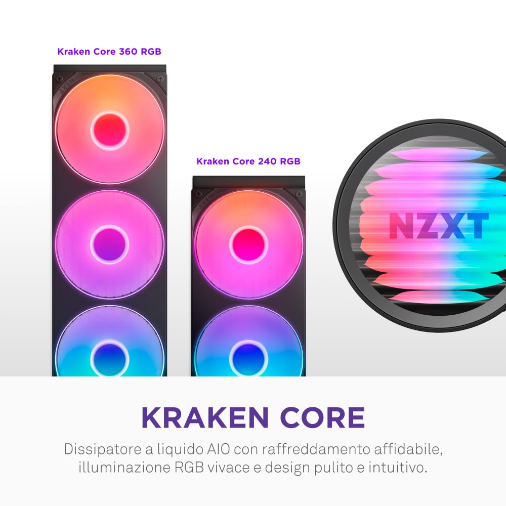 NZXT Kraken Core 240 RGB - Dissipatore AIO a liquido per CPU - Radiatore 240 mm - Ventola a telaio singolo 240 mm - Compatibile con Intel® LGA 1851/1700/1200/115X e AMD® AM5/AM4 - Nero