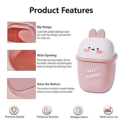 Miniatura 3 de Benshukam Mini bote de basura con tapa, lindo conejo de escritorio, bote de basura pequeño de 0.35 galones, para encimera de baños, cocinas,