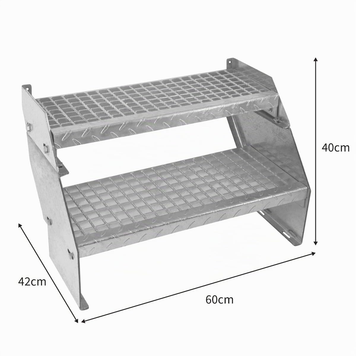 Escalier Caillebotis à 2 marches 600mm x 240 mm - Acier Galvanisé DIN 24537 - Hauteur Totale 400mm - Maille 20 x 25 mm - Résistant à la Corrosion en ISO 1461 - Construction Bâtiment Sortie de Secours