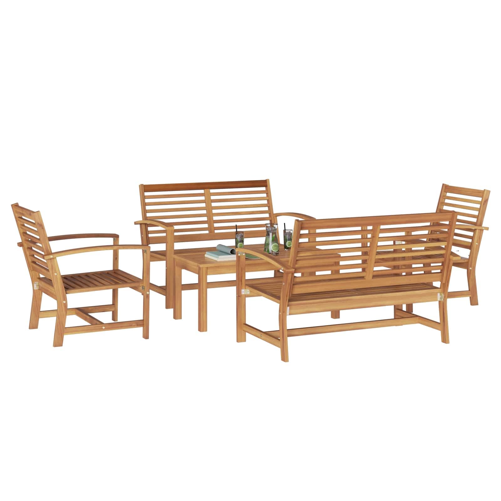 Ensemble de canapé de jardin 5 pièces en teck massif de couleur marron unie avec coussins amovibles pour terrasse - Salon de jardin moderne en teck marron